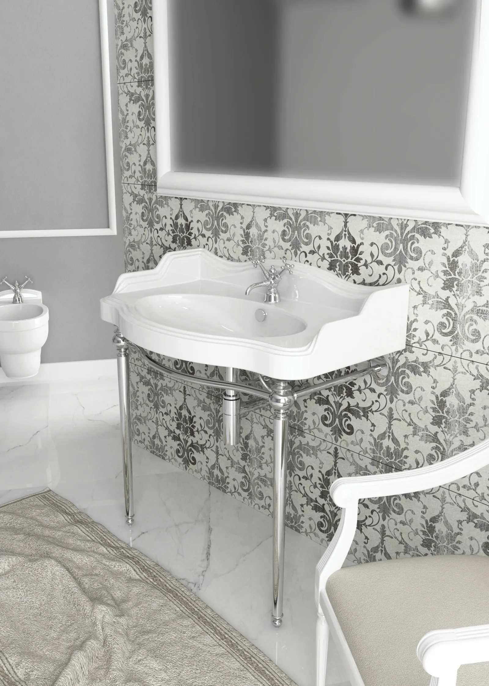 Consolle in metallo con lavabo in un bagno decorato