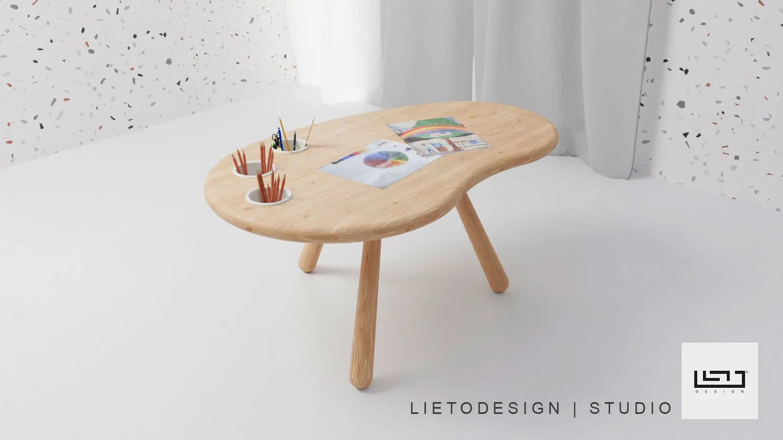 Tavolino in legno dal piano sagomato con matite, rendering